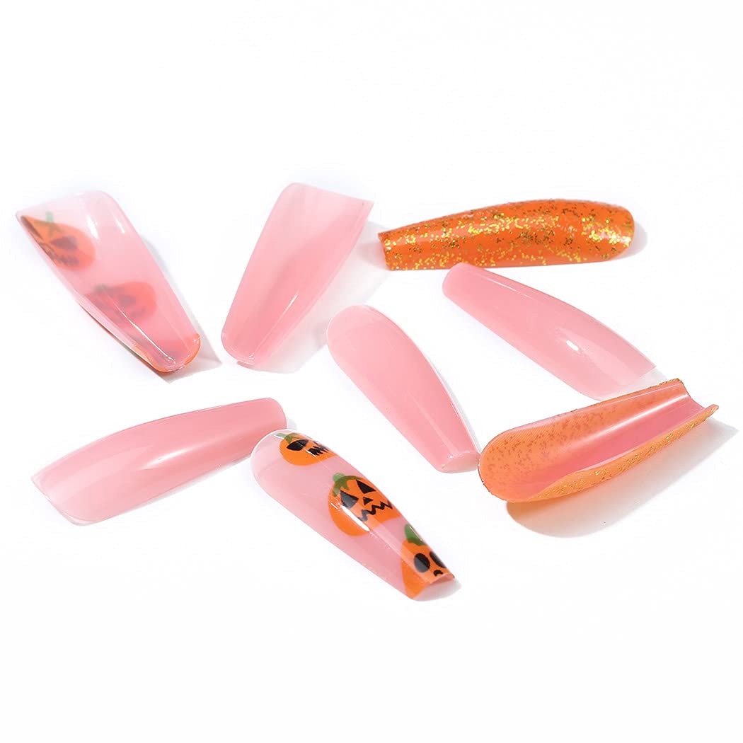 Ursumy Coffin Halloween Press on Nails Pumpkin False Nails with Design Glossy Orange Fake Nails Full Cover Acrylic Nails for Women and Girls (24Pcs)