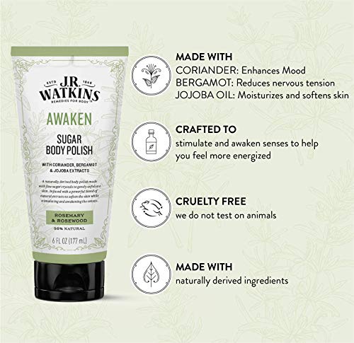 J.R. Watkins Awaken Sugar Body Polish, Rosemary & Rosewood Natural Body Scrub Cleanses, Softens & Stimulates Senses, 6 oz