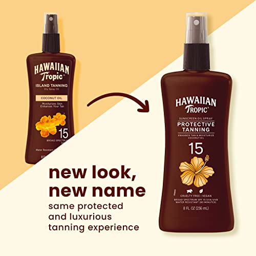 Hawaiian Tropic Protective Tanning Oil Spray Sunscreen SPF 15, 8oz | Tanning Sunscreen, Tanning Oil with SPF, Moisturizing Body Oil, Hawaiian Tropic Oil, Oxybenzone Free Outdoor Tanning Oil, 8oz