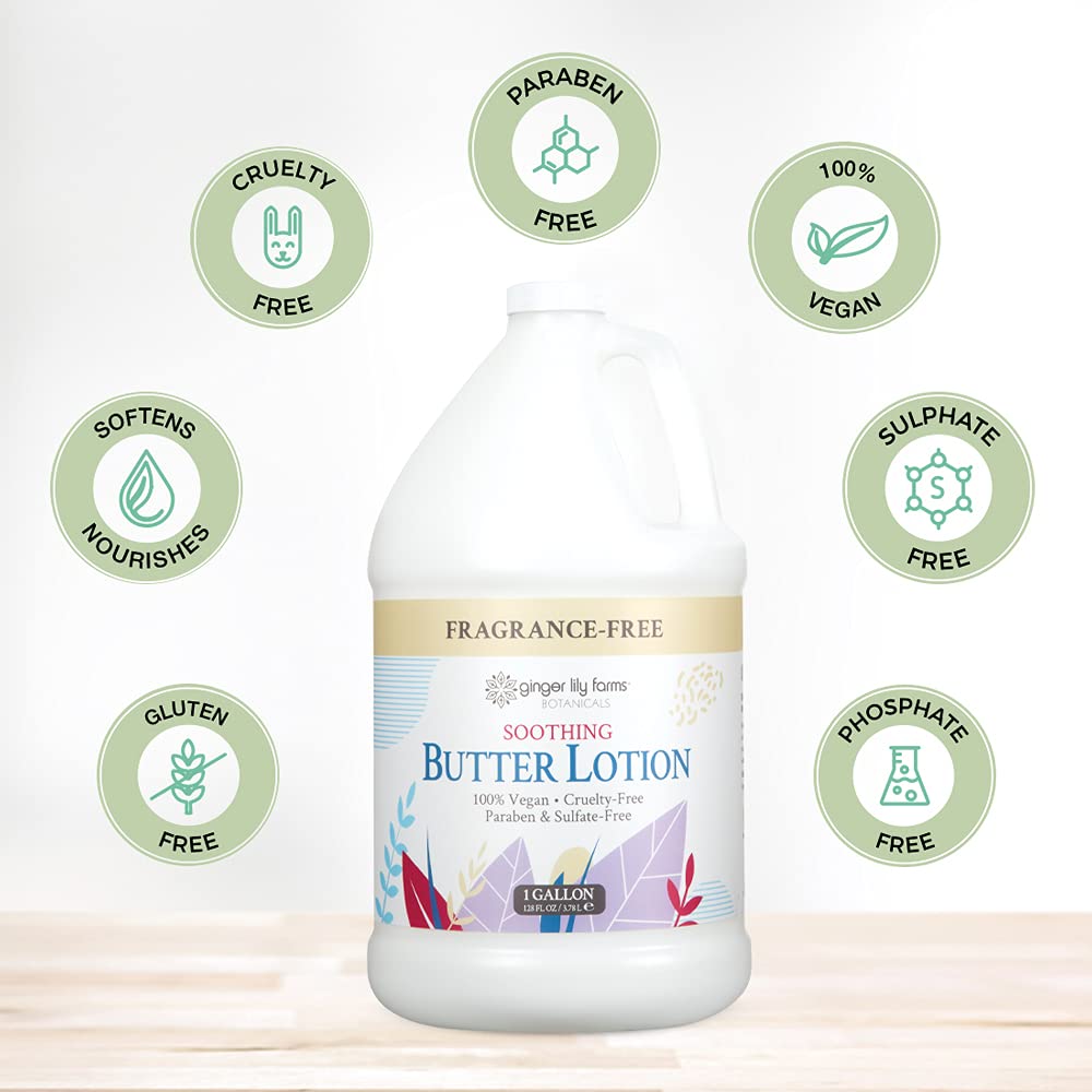 Ginger Lily Farms Botanicals Soothing Butter Lotion for Dry, Sensitive Skin, 100% Vegan & Cruelty-Free, Fragrance Free, 1 Gallon Refill (Pack of 4)