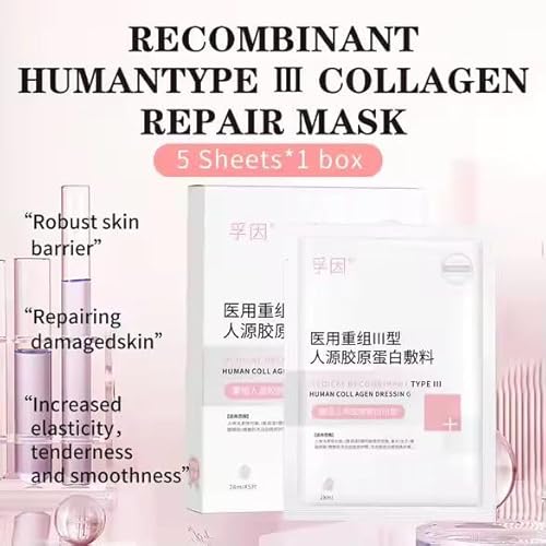 Collagen Face Mask - Human Recombinant Type III Collagen Repair Mask | Overnight Deep Collagen Mask | 5 Sheets, No Alcohol, Anti-Aging, Redness Reduction, Hydration