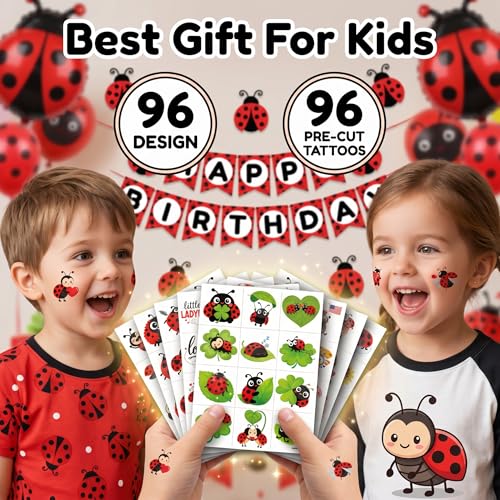 Ladybug Temporary Tattoos for Kids, 96 Pack Waterproof
