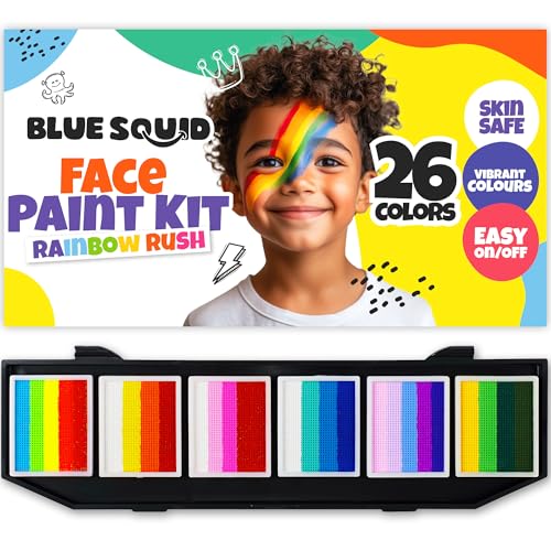 Blue Squid Face Painting Kit for Kids ? 60g/2.12oz Split Cake Face Paint Palette, One Stroke Rainbow Colors, with Brushes & Stencils - Non-Toxic, Water Activated - Kids Party & Halloween Makeup Kit