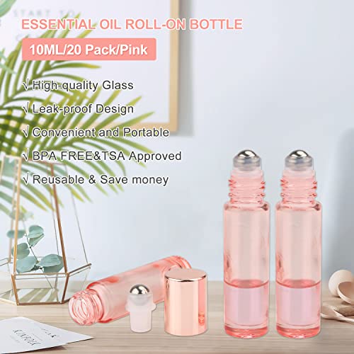 20Pcs 10ml Pink Essential Oil Roller Bottles with Steel Ball