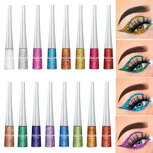 16 Colors Glitter Eyeliner Liquid Set, Metallic Waterproof