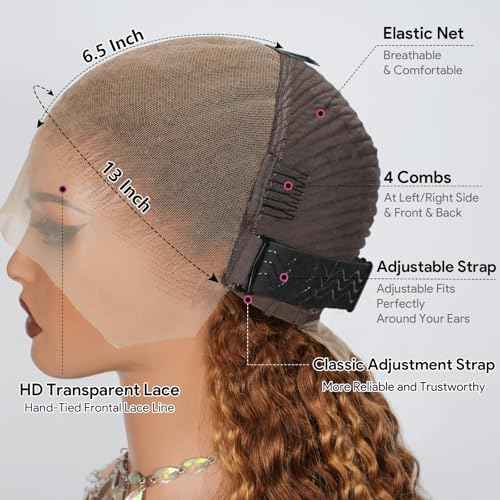 210% Density 13x6 Highlight Ombre Full Lace Frontal Wigs Human Hair 12A Deep Wave Brazilian Human Hair Pre Plucked 4/27 Honey Blonde HD Glueless Transparent Lace 20 Inch