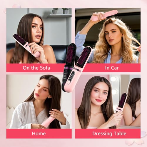 Cordless Hair Straightener Brush, Portable Mini Ionic Hot Comb, USB Rechargeable