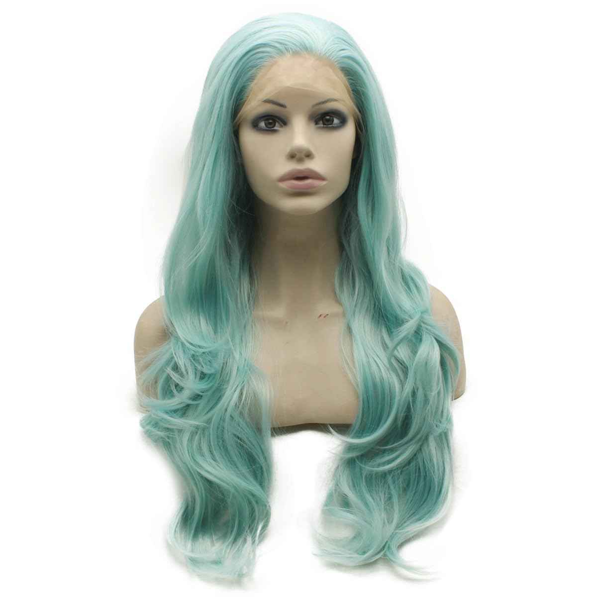 Mxangle Long Wavy Light Blue Half Hand Tied Synthetic Lace Front Wig Fiber Hair Costume Party Wig