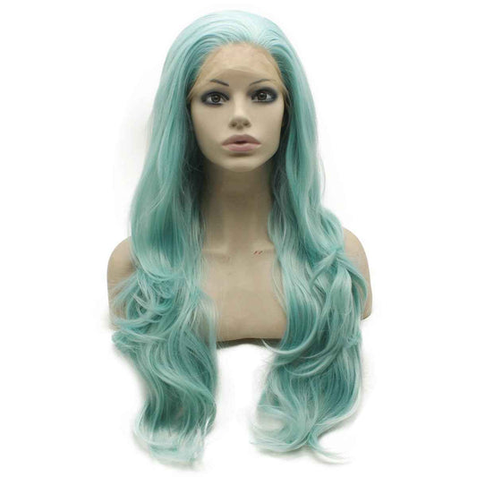 Mxangle Long Wavy Light Blue Half Hand Tied Synthetic Lace Front Wig Fiber Hair Costume Party Wig