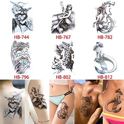 Glaryyears Angel Mermaid Temporary Tattoos for Women Girls, 6-Pack Large Sketch Fake Tattoo Stickers, Long-lasting Realistic Tattoos for Body Arm Back Leg