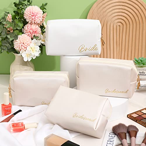 Hillban 6 Pcs PU Leather Bride Makeup Bag Cosmetic Bridesmaid Waterproof Toiletry Travel Bag Pouch Purse Gifts for Bridal Shower, Wedding, Engagement Gifts, Bachelorette Party(White, Ivory White)