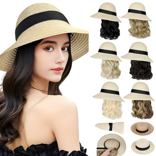 Straw Sun Hat with Detachable 12" Wavy Hair Extensions