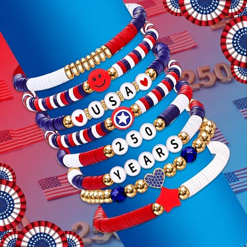 4th of July Patriotic Beaded Bracelets Set for Women - 8 Pack