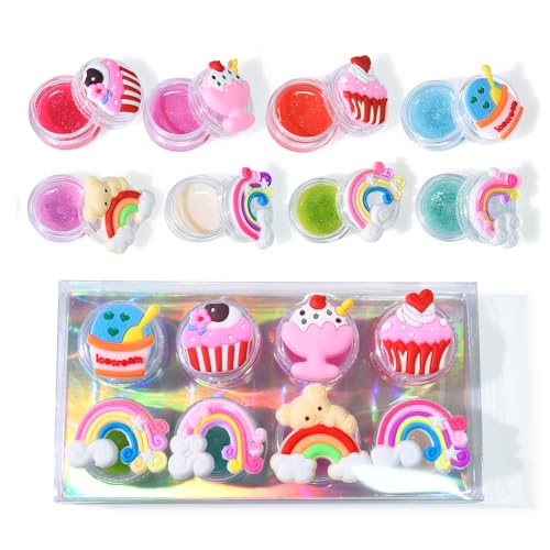 8PCS Cute Lip Gloss for Girls, Party Favors Lip Balm Set for Kids, Assorted Fruity Flavors Cute Cupcake of Rainbow Designs Birthday Gift