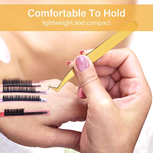 3 Pieces Volume Tweezers Eyelash Extension Tweezers Curved 6A Tip False Lash Tweezers Stainless Steel Precision Tweezers for Individual and 3D 6d Volume Eyelash Extension (Gold)