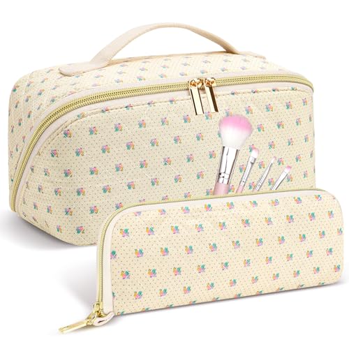 Travel Makeup Bag Set, 2Pcs Large Capacity Flower Make up Bag Quilted Cosmetic Bag for Girls, Little Flower Cute Travel Toiletry Bag for Women Wide Open Floral Cotton Stuff Bag Skin Care Bag