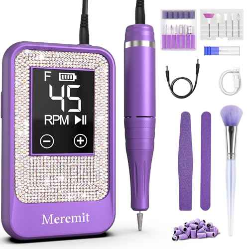 Professional Nail Drill Cordless 45000 RPM, Meremit Electric Nail File with Diamond Decoration, 12Pcs Drill Bits, Large LCD Screen, Rechargeable Electric Nail Machine Drill for Acrylic Gel Nail Polish