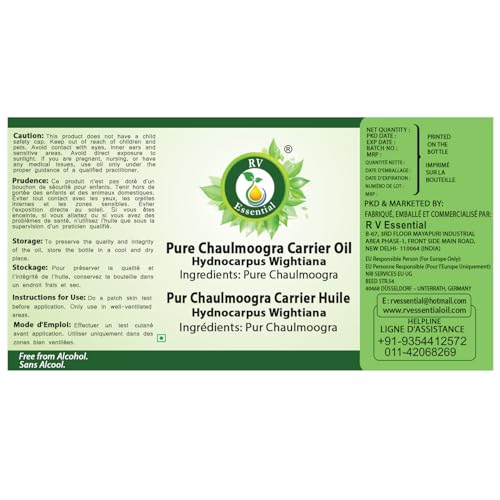 R V Essential Pure Chaulmoogra Carrier Oil 100ml (3.38oz)- Hydnocarpus Wightiana (100% Pure and Natural Cold Pressed)