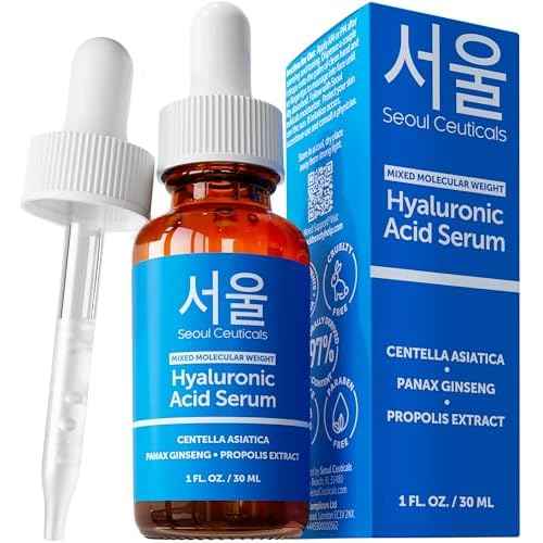 SeoulCeuticals Korean Hyaluronic Acid Serum For Face - High Molecular Weight & Low Molecular Weight Hyaluronic Acid - Centella Serum + Propolis. 1oz