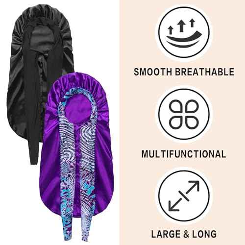 2Pcs Bonnets for Women Sleeping Braid Bonnet, Large Long Satin Silk Bonnet for Braids, Black Women Braid Bonnets with Stretchy Tie Band for Sleeping Extra Long (Black & Purple Pattern)