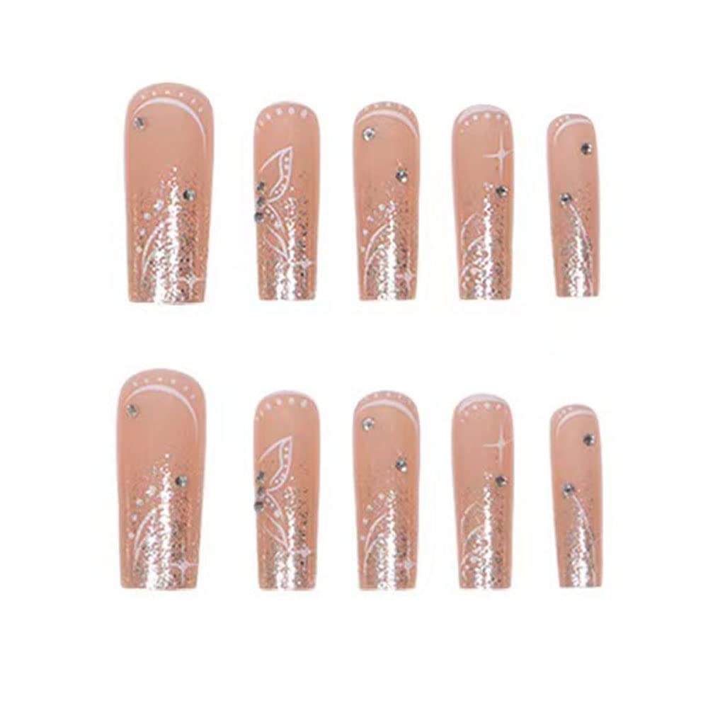 Magrace Long Square Press on Nails Fake Nails French Tips False Nails with Designs Rhinestone 24 pcs Stick on Nails for Women