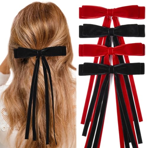 4PCS Velvet Hair Bows Ribbon Hair Clip Black Red Ponytail Holder Accessories Slides Metal Clips Barrettes Girls Toddlers Teens