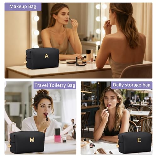 Personalized Initial Makeup Bag | Waterproof PU Leather Cosmetic Toiletry Travel Bag