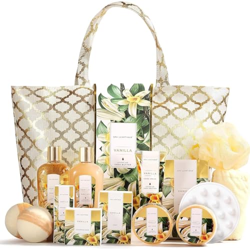 Spa Luxetique Gift Baskets for Women,15 Pcs Vanilla Spa Gifts for Women, Women's Gifts with Bubble Bath, Bath Salt, Bath Bombs, Mothers Day Gifts