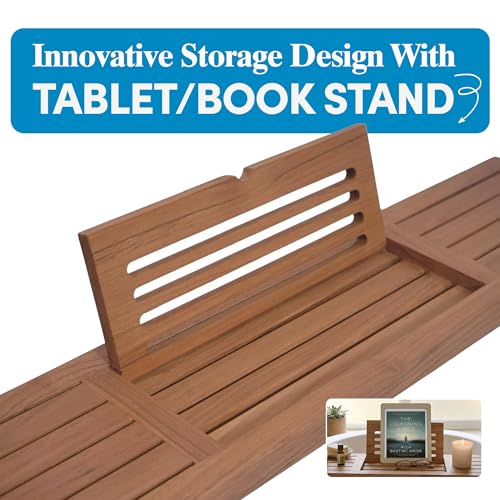 AquaTeak 30" Teak Bathtub Caddy with Book & Tablet Stand