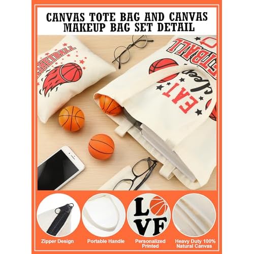 18 Pcs Volleyball Basketball Gifts for Women Cosmetic Bag Canvas Tote Bags Set for Teen Makeup Travel Players Teams(Basketball)