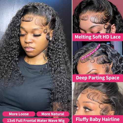 28 Inch 13x6 Lace Front Wigs Human Hair Water Wave 200 Density 13x6 HD Full Lace Frontal Wigs Pre Plucked Wet and Wavy Glueless Deep Curly Human Hair Wigs for Women Natural Black
