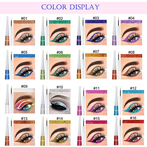 16 Colors Liquid Glitter Eyeliner Set, Waterproof Metallic