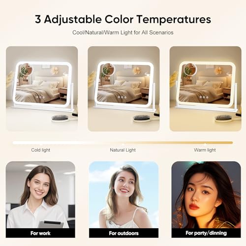 Vanity Mirror with LED Lights, 17.4x13.5 Inch Professional Makeup Mirror, 3 Color Modes & Adjustable Brightness, 5X Magnifying Mirror, Smart Touch Control, 360¡Æ Rotation