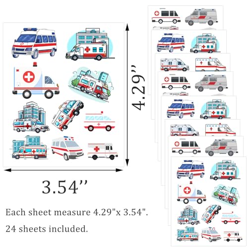 296 Pcs Ambulance Car Temporary Tattoos for Kids - Emergency Vehicle Medical Hospital Doctor Nurse Themed Party Supplies Goodie Bag Stuffers Favors Prize Stickers(24 Sheets)