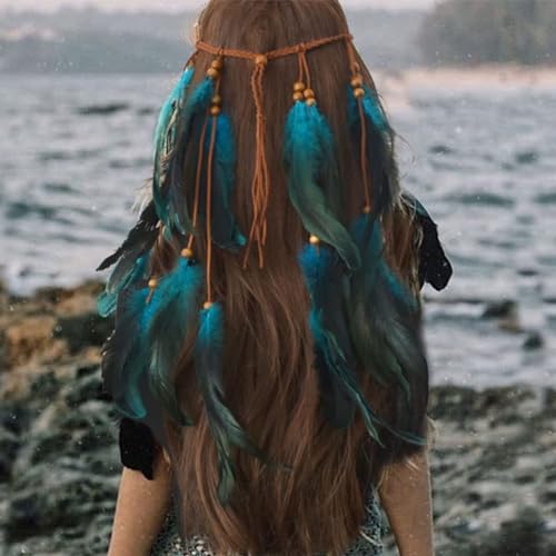 CAKURE Boho Feather Headbands Indian Gypsy Costume Feather Headpiece Blue Hippie Headband Hair Band Festival Headdress Handmade Feather Hair Accessories (Type A)