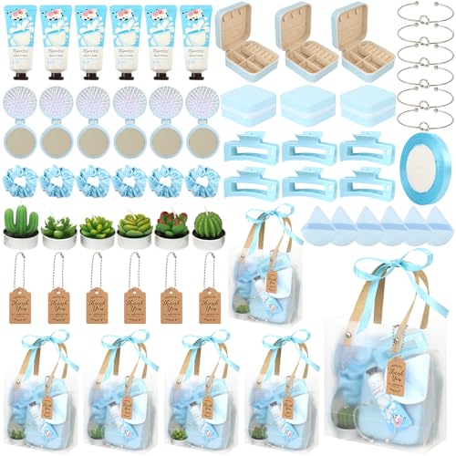 Baby Shower Prizes for Winners Gifts Headband Hair Brush Jewelry Box Plants Candles Bracelet Hand Cream Compact Powder Puff Hair Claw ribbon Gift Bag Beaded Necklace Bridal Shower(6 Sets-Blue)
