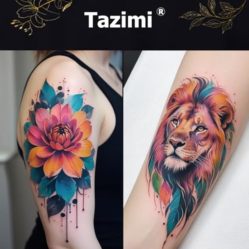 Tazimi Realistic Watercolor Flower Temporary Tattoos Half Arm Lion Flower Fake Tattoos for Women Girls Adults Waterproof Long Lasting Colourful Sexy Tattoos Stickers