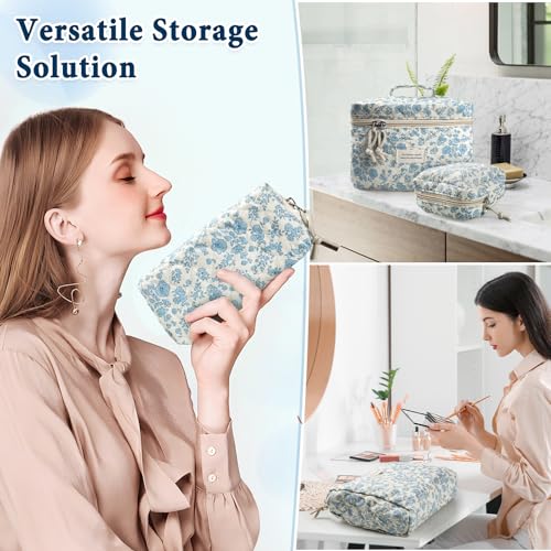 NATINSA 4-Piece Sky Blue Quilted Cosmetic & Travel Makeup Bag Set for Women