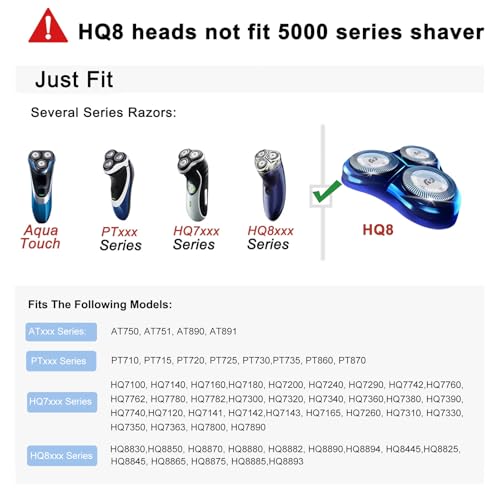 6 Pack HQ8 Replacement Heads for Philips Norelco Aquatec Shavers - Compatible Models AT750, PT710, HQ73XX Series