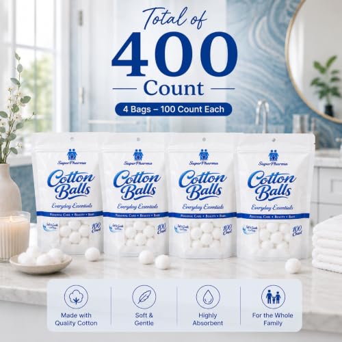 Premium Cotton Balls 400 Count (4 Pack) - Soft & Absorbent for Skincare