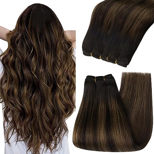 YoungSee 18 Inch Weft Hair Extensions Balayage Human Hair Weft Extensions Dark Brown Mix Medium Brown Highlights Sew in Hair Extension Real Human Hair for Women 100G