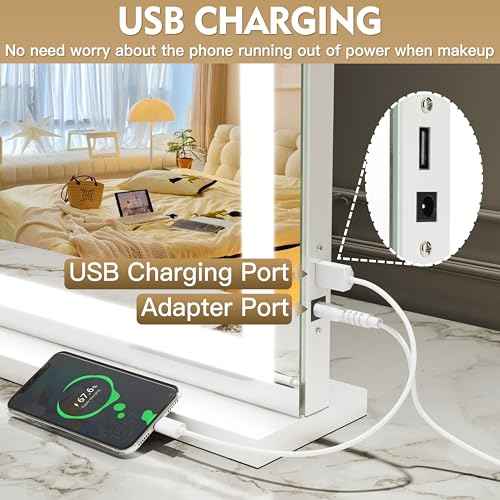 ROLOVE Vanity Mirror with Lights, 32" x 22" Large Lighted Vanity Mirror with Dimmable 3 Modes, LED Makeup Mirror, USB Charging Port, Tabletop or Wall-Mounted Square White