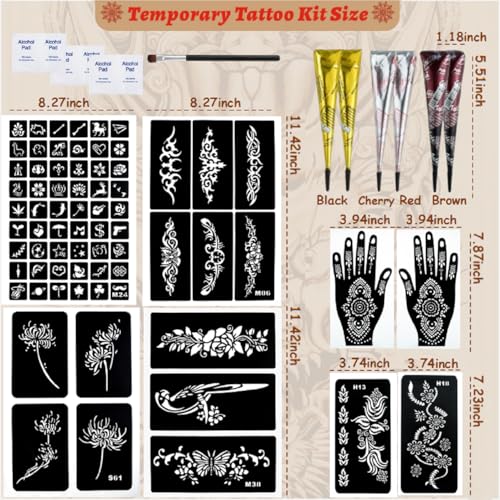 Temporary Tattoo Kit - 6 Pcs Tattoo Cones 3 Colors DIY Safe Ink (Brown, Black, Cherry Red) | Includes Reusable Stencils, Brush & Gloves | Body Art for Kids & Adults