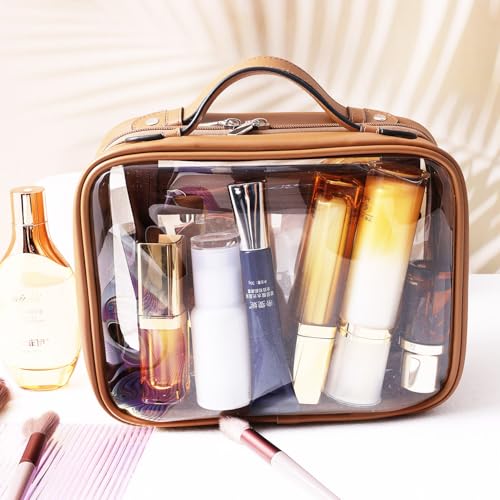 SANHECUN traveling toiletry Case large clear cosmetics case makeup bag Dimensions | LxWxH:10¡± x 4.5¡± x 7.5¡±(Brown, Medium)