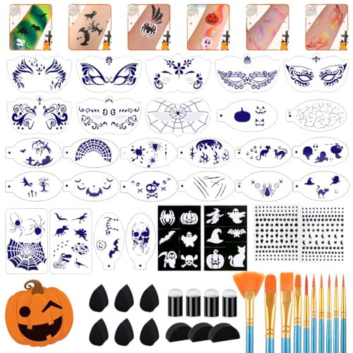 63 pcs Halloween Face Painting Stencils Kit, 38 pcs Reusable Face Body Paint Stencils Templates, 10 Brushes, 13 pcs Sponges, 2 Black Gems for Halloween Makeup Depvision Face Paint Accessory Kit