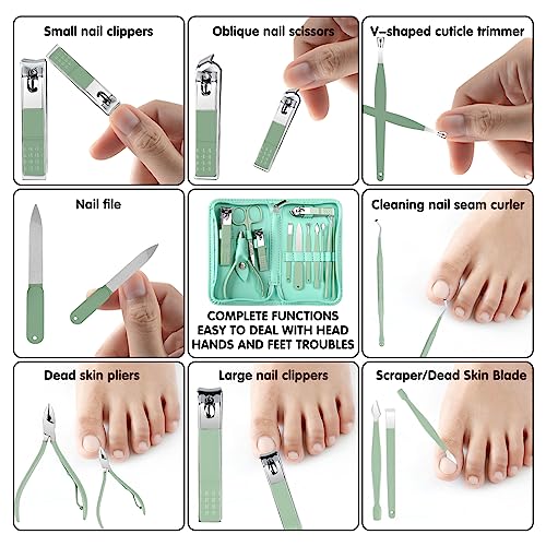12-Piece Nail Care Kit with Green Travel Case - Manicure & Pedicure Set