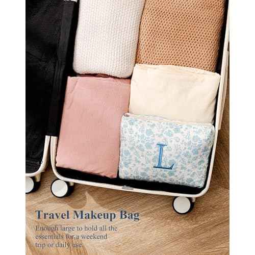 HBselect Initial Quilted Makeup Bag, Cotton Large Travel Makeup Bag, Cute Floral Coquette Make up Bag Cosmetic Bag Toiletry Bag for Women Girls S