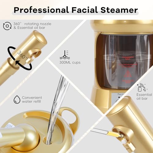 Facial Steamer, Nano Ionic Face Steamer with Extendable Arm for Deep Cleaning and Hydration, 360¡ÆRotating Nozzle Face Humidifier, Portable Ozone Steamer for Beauty, Spa and Home Use£¨Golden£©