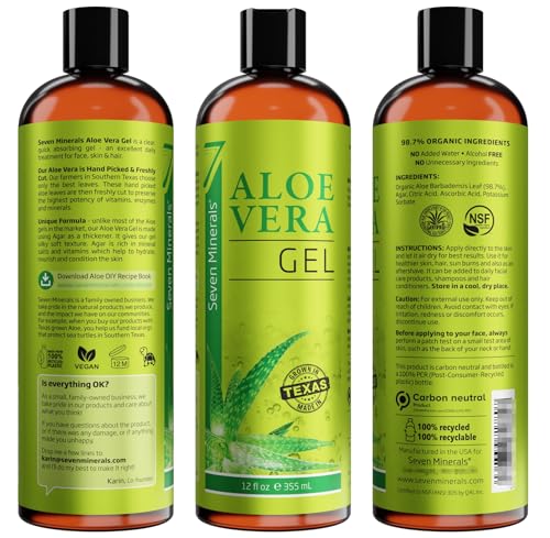 Seven Minerals Organic Aloe Vera Gel from freshly cut 100% Pure Aloe - Big 12oz - HighestQuality, Texas grown, Vegan, Unscented - For Face, Skin, Hair, Sunburn relief