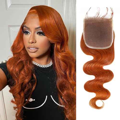 ALHER 350 Ginger Orange Body Wave 4x4 Lace Closure 20 Inch, 12A Copper Orange Colored 4X4 HD Lace Closure Free Part Pre Plucked with Baby Hair, 100% Virgin Remy Human Hair for Black Women 150% Density